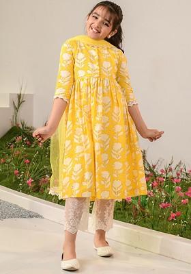 Yellow Printed Poly Blend Salwar Kameez With Dupatta For Girls