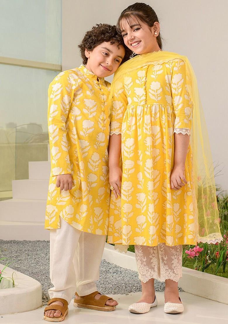 Yellow Printed Poly Blend Salwar Kameez With Dupatta For Girls