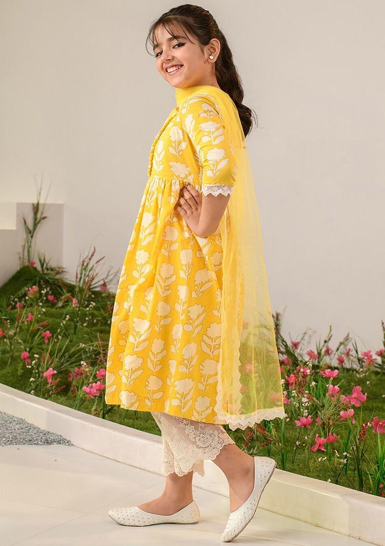 Yellow Printed Poly Blend Salwar Kameez With Dupatta For Girls