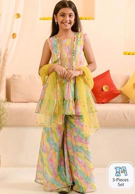 Yellow Embroidered Poly Blend Sharara Set With Dupatta For Girls