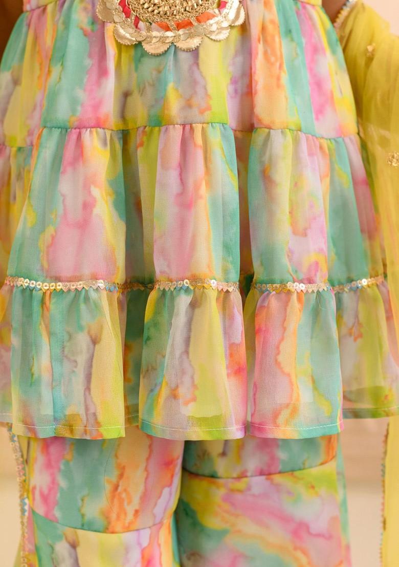 Yellow Embroidered Poly Blend Sharara Set With Dupatta For Girls