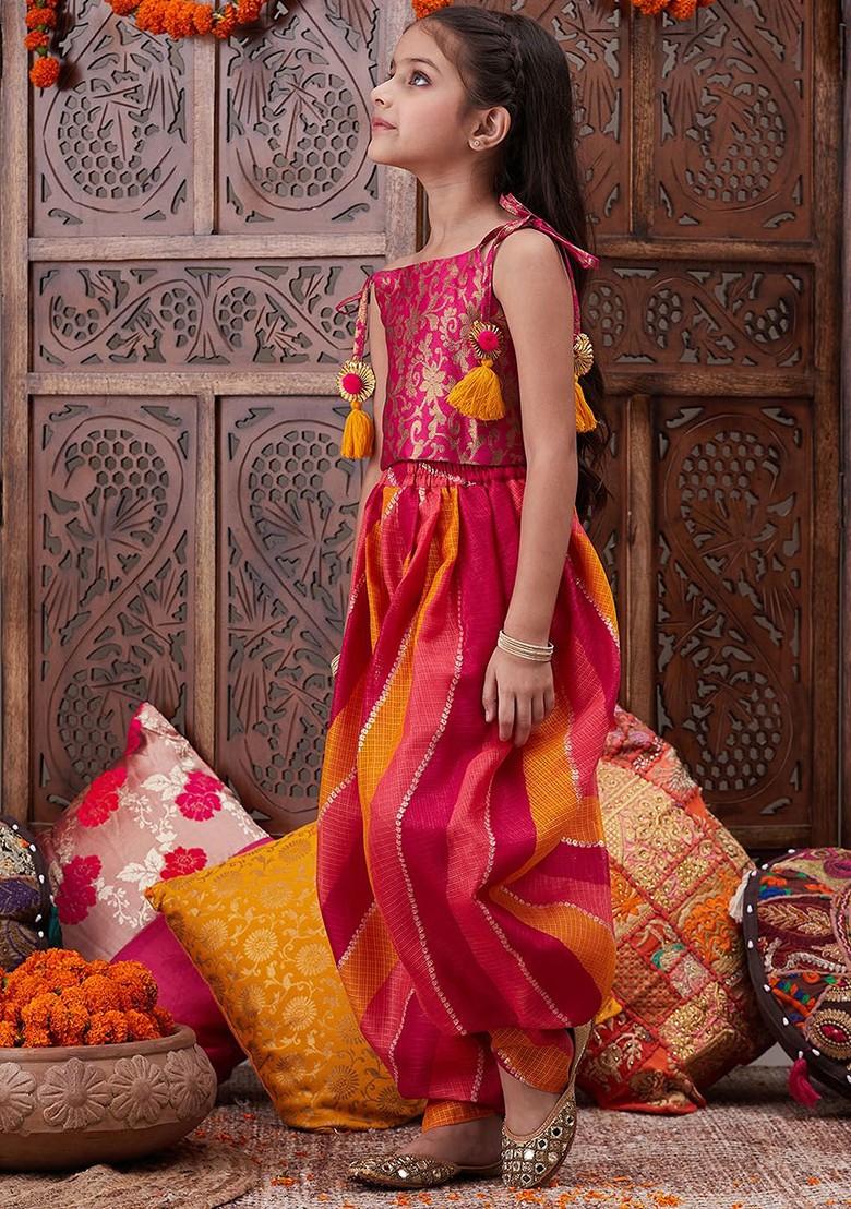 Fushcia Pink Printed Poly Blend Co Ord Set For Girlss