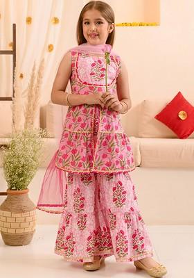 Pink Printed Poly Blend Sharara Set With Dupatta For Girls