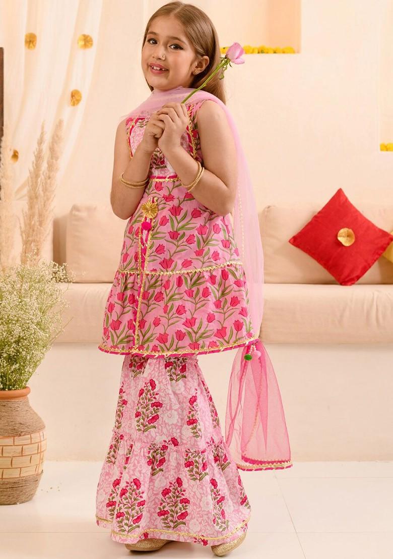 Pink Printed Poly Blend Sharara Set With Dupatta For Girls