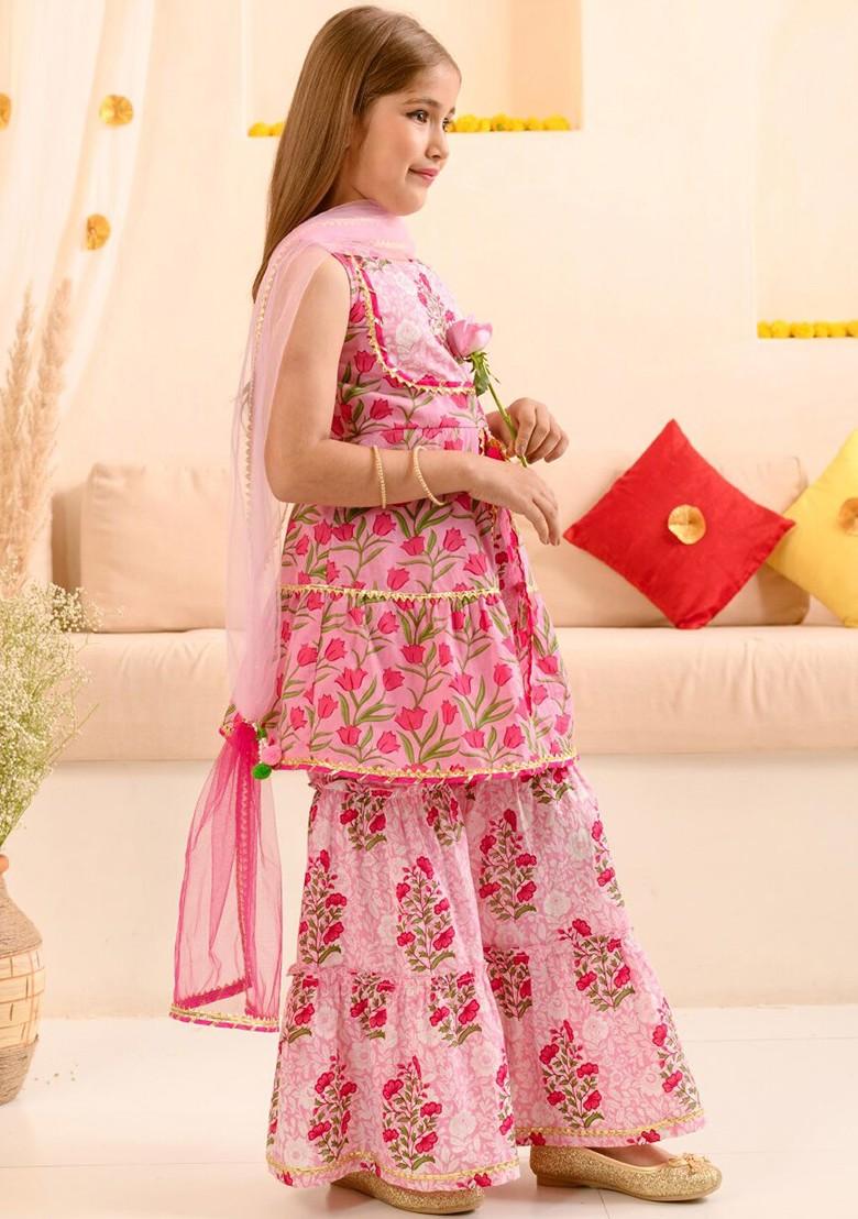 Pink Printed Poly Blend Sharara Set With Dupatta For Girls