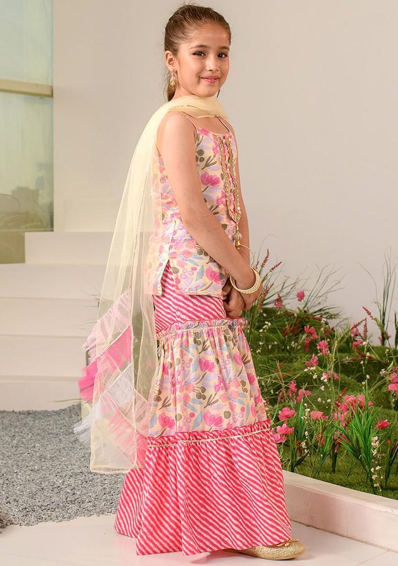 Pink Printed Poly Blend Sharara Set With Dupatta For Girls