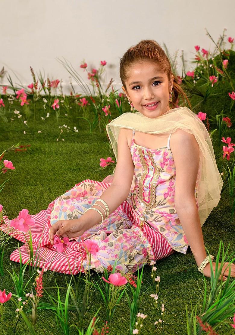 Pink Printed Poly Blend Sharara Set With Dupatta For Girls