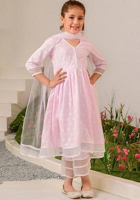 Pink Printed Poly Blend Salwar Kameez With Dupatta For Girls