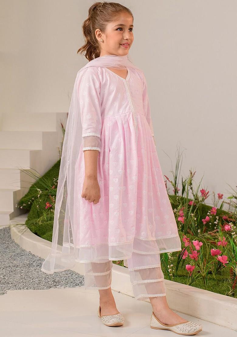 Pink Printed Poly Blend Salwar Kameez With Dupatta For Girls