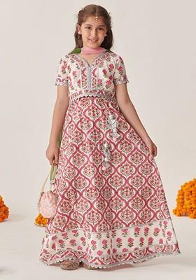 Magenta Printed Poly Blend Lehenga Set With Dupatta For Girls