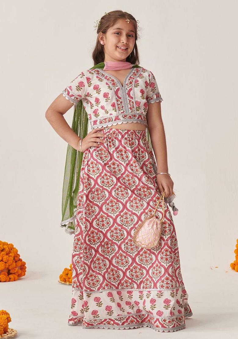 Magenta Printed Poly Blend Lehenga Set With Dupatta For Girls