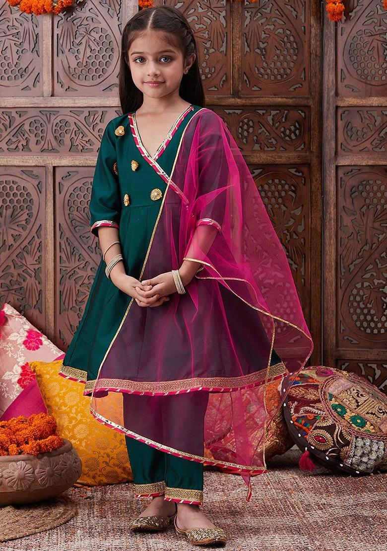 Green Embroidered Poly Blend Salwar Kameez With Dupatta For Girls