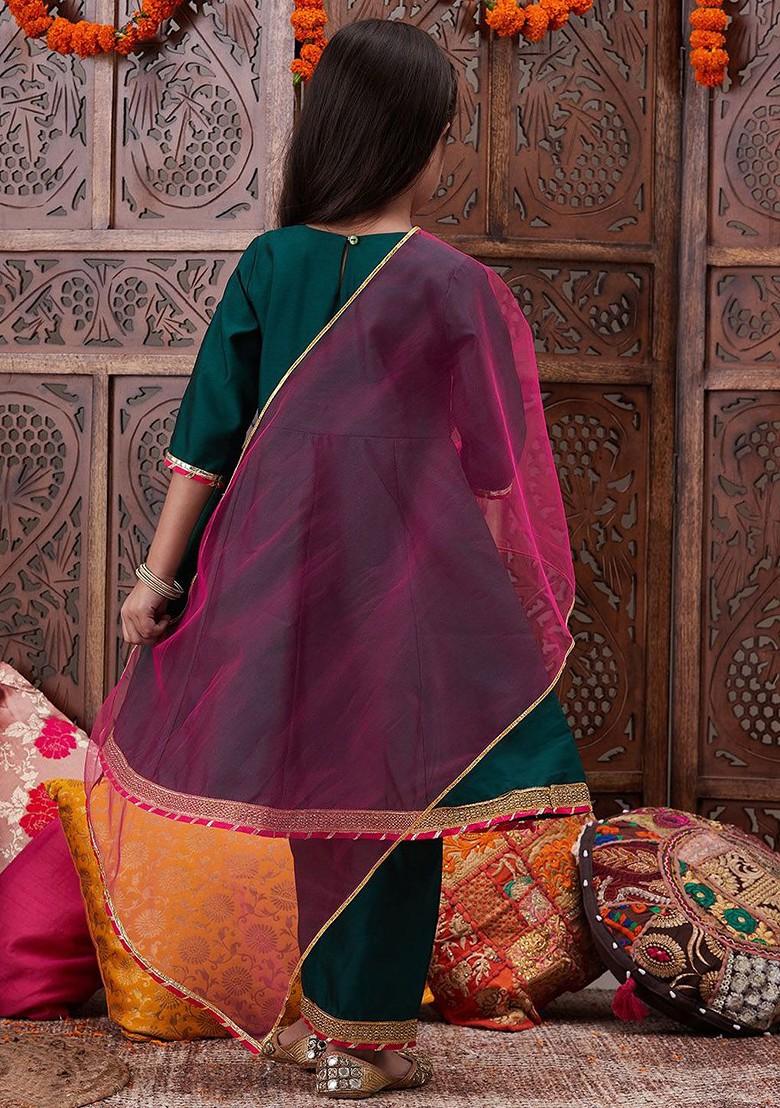 Green Embroidered Poly Blend Salwar Kameez With Dupatta For Girls