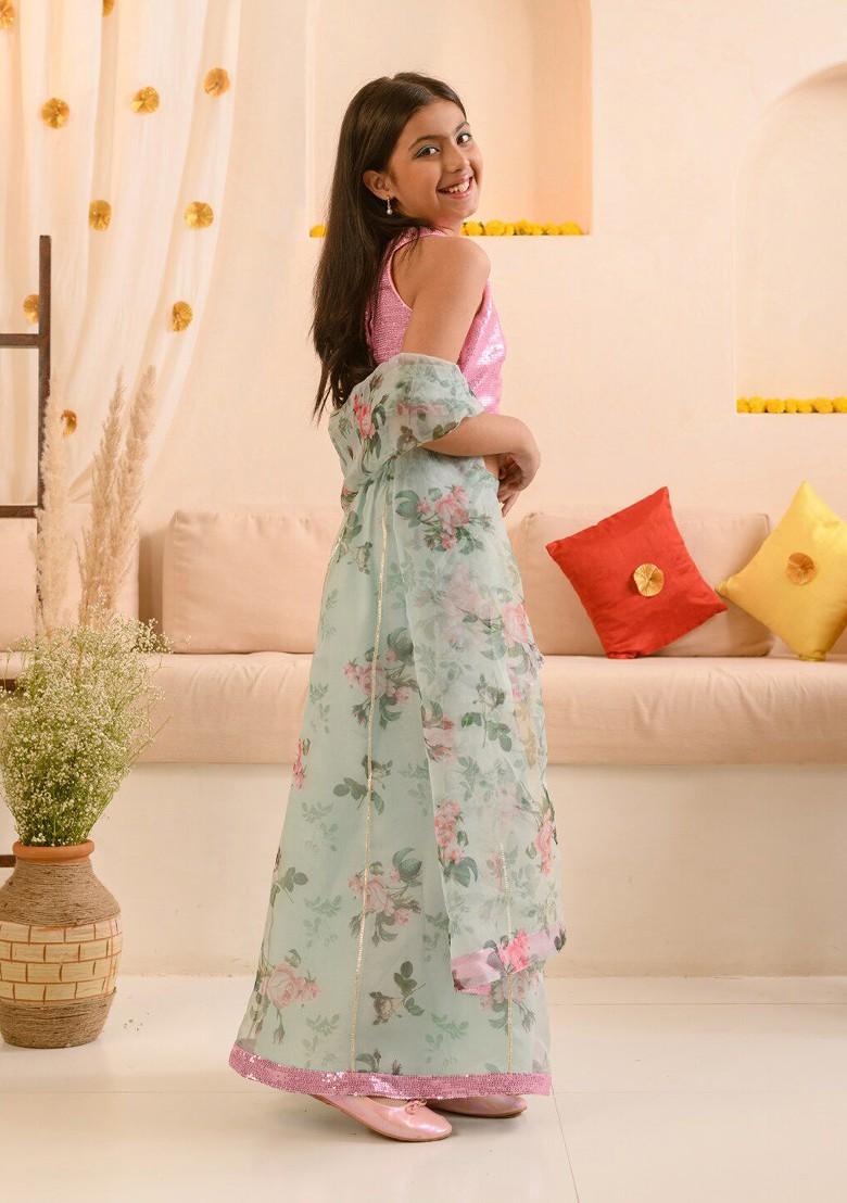 Green Embroidered Poly Blend Co Ord Set For Girlss