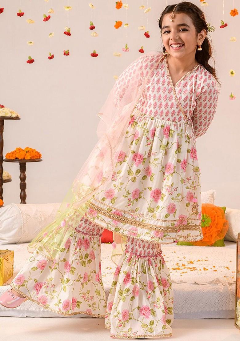 Off White Printed Poly Blend Sharara Set With Dupatta For Girls