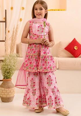 Pink Printed Poly Blend Sharara Set With Dupatta For Girls