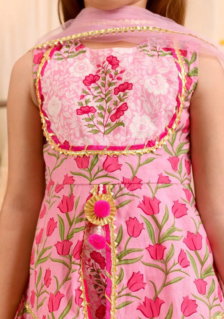 Pink Printed Poly Blend Sharara Set With Dupatta For Girls