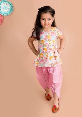 White Printed Poly Blend Salwar Kameez For Girls