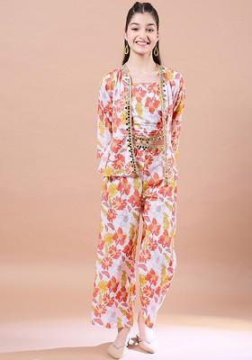 White Printed Poly Blend Co Ord Set For Girlss