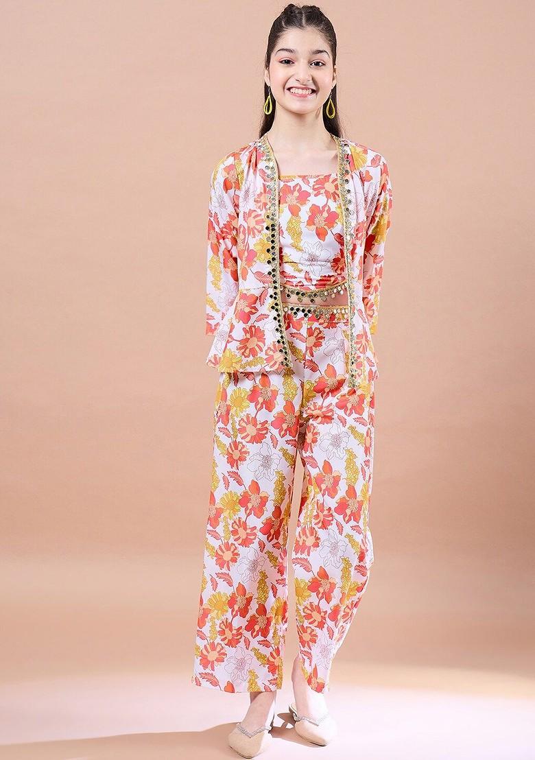 White Printed Poly Blend Co Ord Set For Girlss