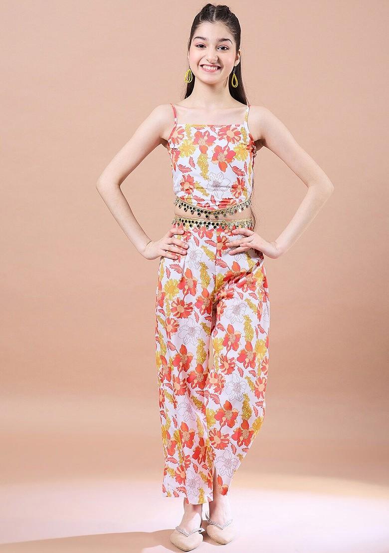 White Printed Poly Blend Co Ord Set For Girlss