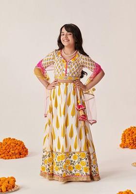 Yellow Printed Poly Blend Lehenga Set With Dupatta For Girls