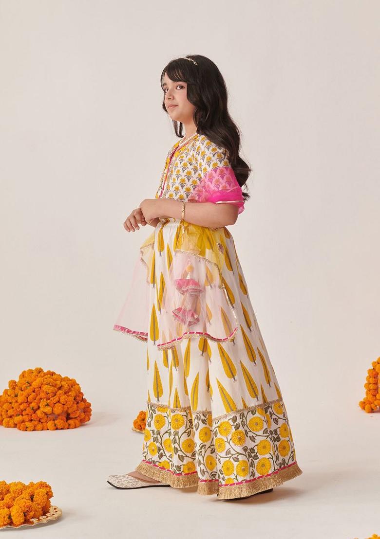 Yellow Printed Poly Blend Lehenga Set With Dupatta For Girls
