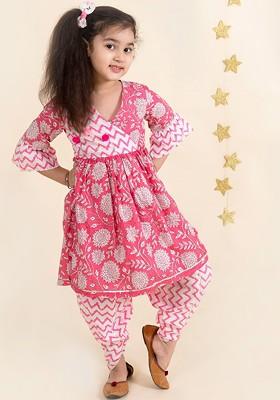 Pink Embroidered Poly Blend Salwar Kameez With Dupatta For Girls