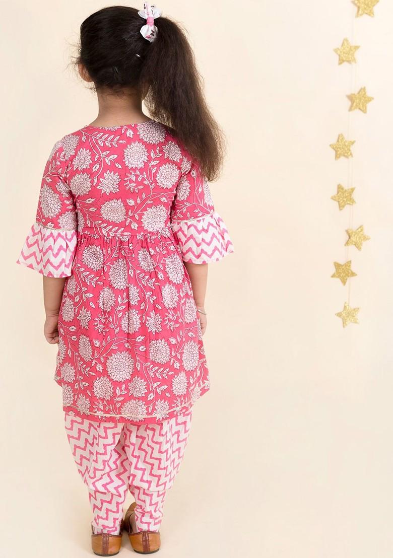 Pink Embroidered Poly Blend Salwar Kameez With Dupatta For Girls