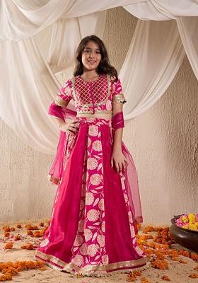 Magenta Printed Poly Blend Lehenga Set With Dupatta For Girls