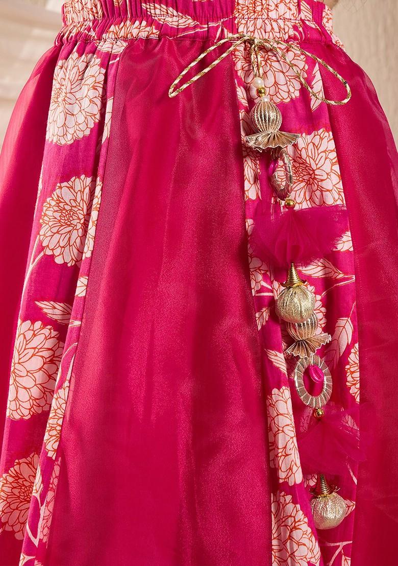 Magenta Printed Poly Blend Lehenga Set With Dupatta For Girls