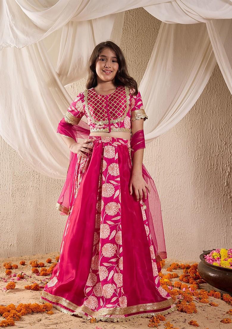 Magenta Printed Poly Blend Lehenga Set With Dupatta For Girls
