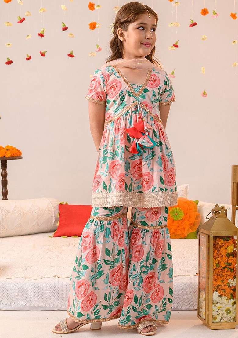 Peach Printed Poly Blend Sharara Set With Dupatta For Girls - Indya