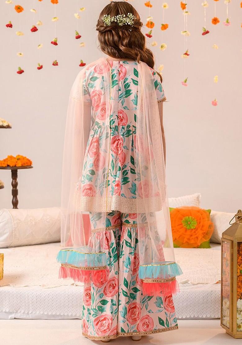 Peach Printed Poly Blend Sharara Set With Dupatta For Girls