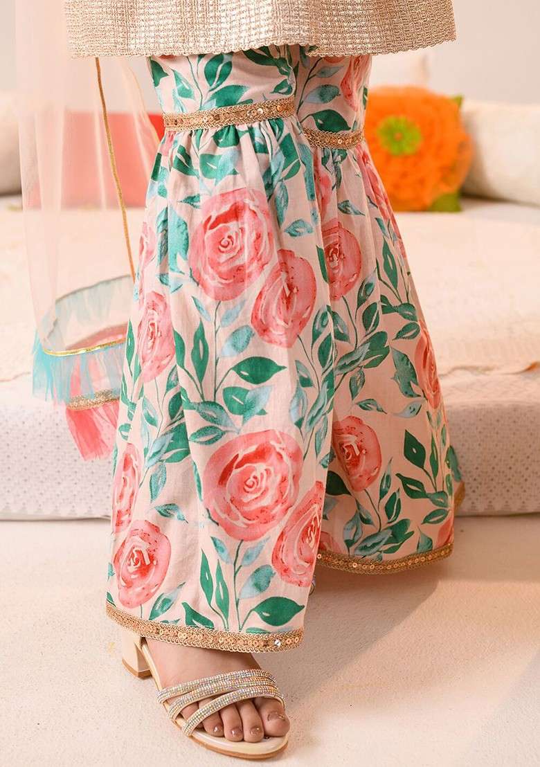 Peach Printed Poly Blend Sharara Set With Dupatta For Girls - Indya