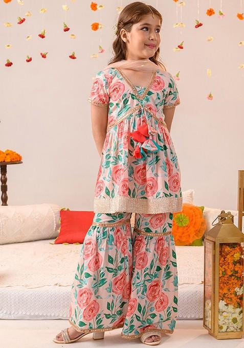 Peach Printed Poly Blend Sharara Set With Dupatta For Girls — view on Indya