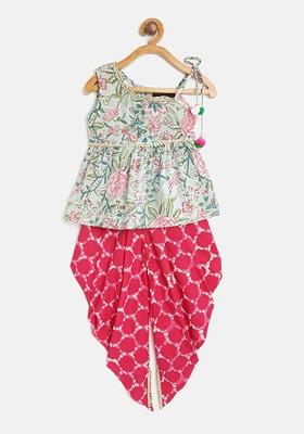 Green Printed Poly Blend Salwar Kameez With Dupatta For Girls