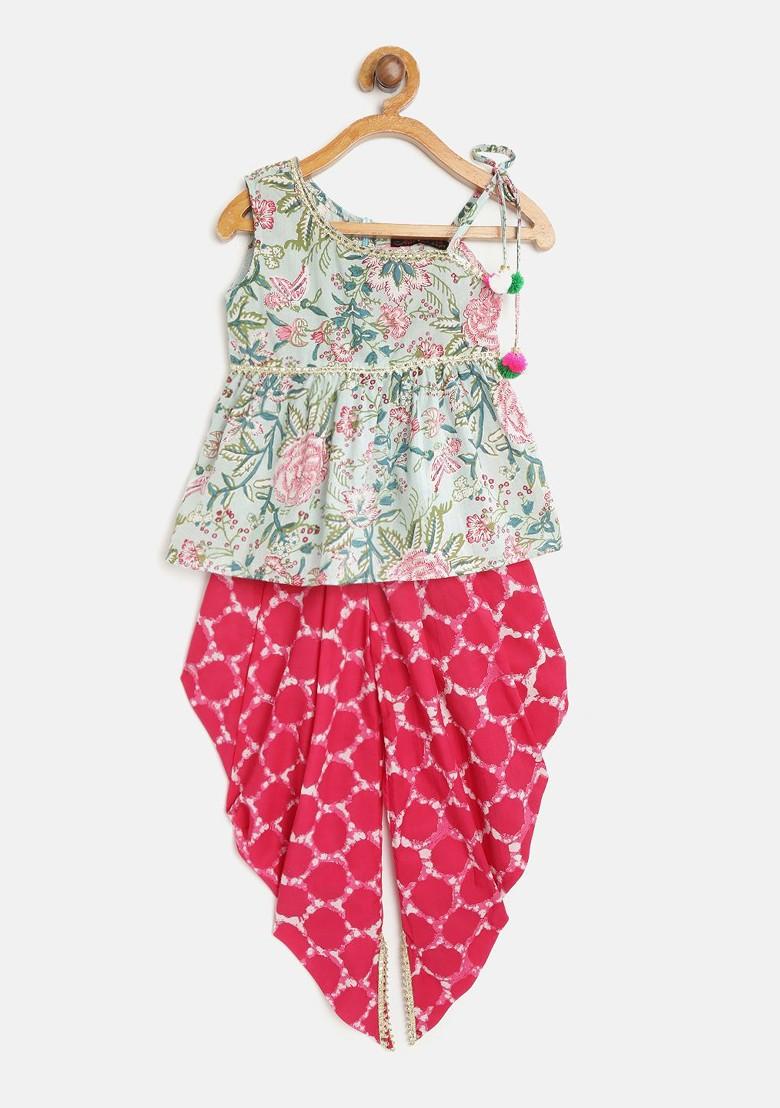 Green Printed Poly Blend Salwar Kameez With Dupatta For Girls