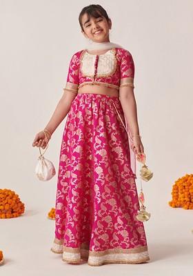 Magenta Printed Poly Blend Lehenga Set With Dupatta For Girls