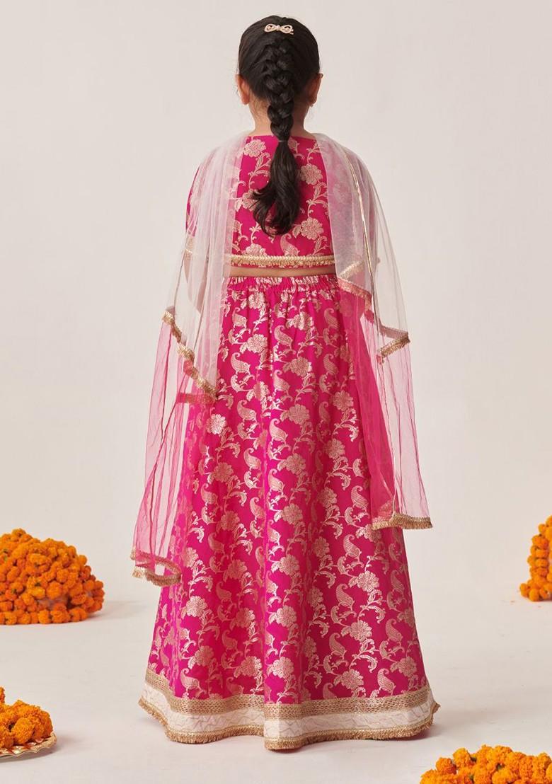 Magenta Printed Poly Blend Lehenga Set With Dupatta For Girls