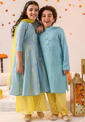 Blue Printed Poly Blend Salwar Kameez With Dupatta For Girls