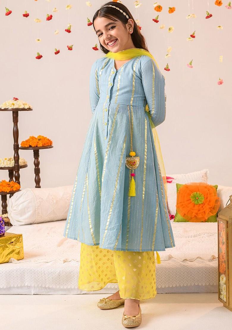 Blue Printed Poly Blend Salwar Kameez With Dupatta For Girls