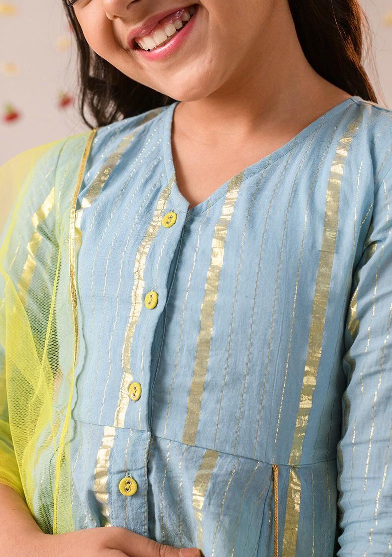 Blue Printed Poly Blend Salwar Kameez With Dupatta For Girls