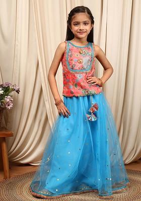Blue Printed Poly Blend Lehenga Set With Dupatta For Girls
