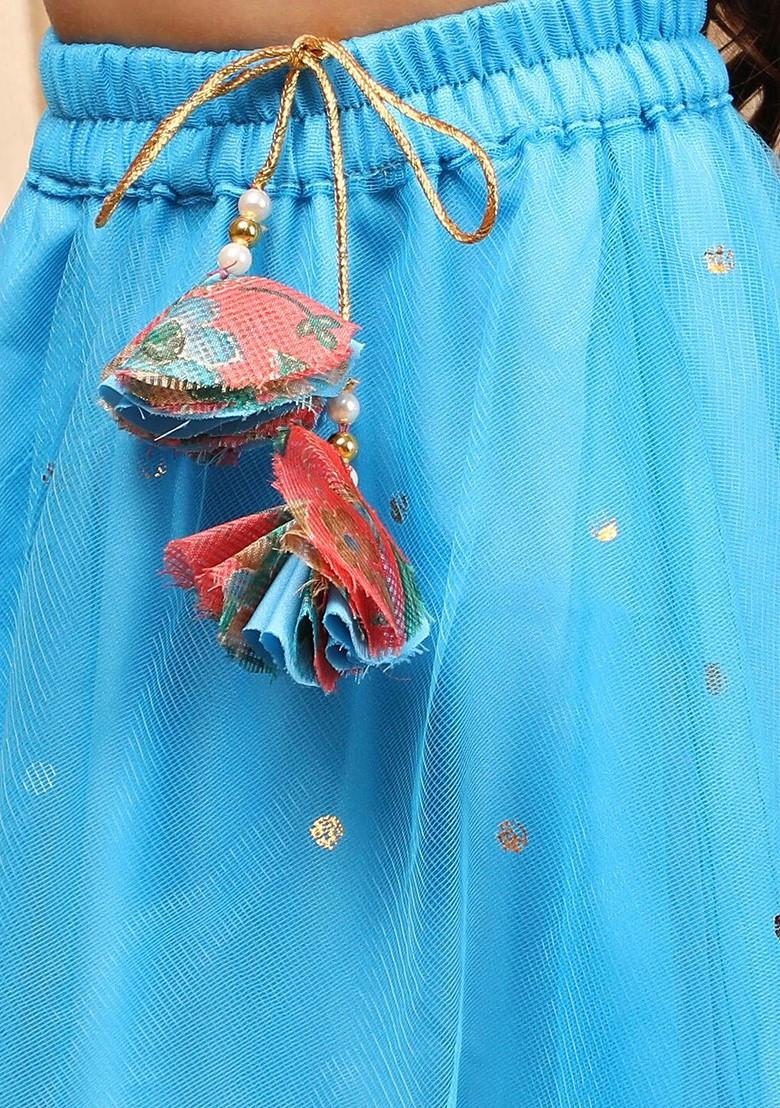 Blue Printed Poly Blend Lehenga Set With Dupatta For Girls