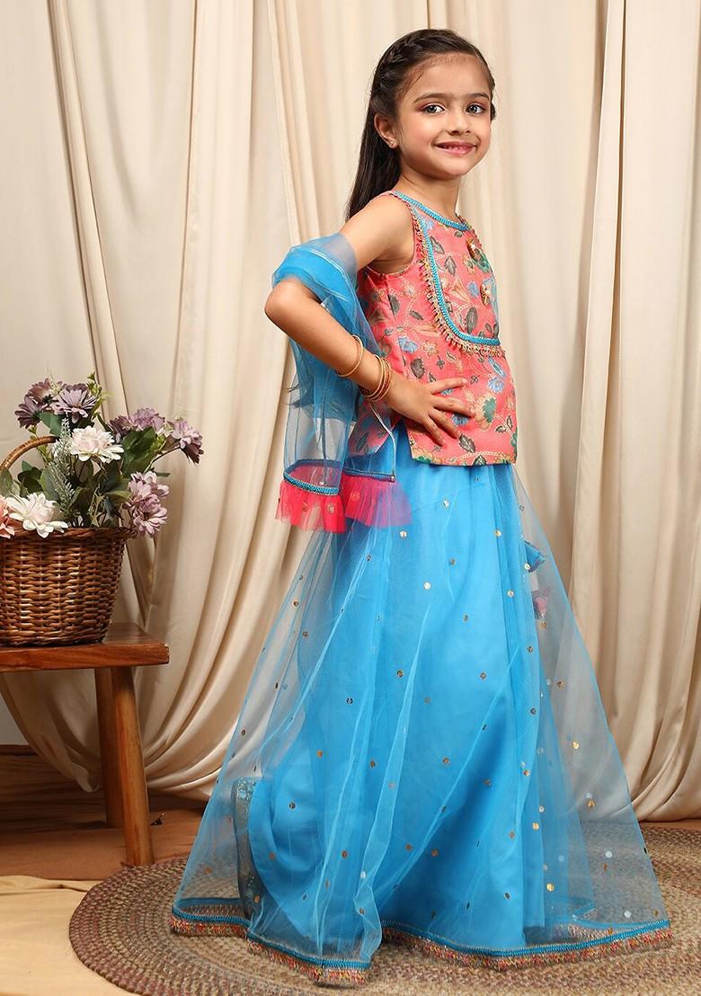 Blue Printed Poly Blend Lehenga Set With Dupatta For Girls