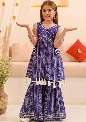 Blue Printed Poly Blend Sharara Set With Dupatta For Girls