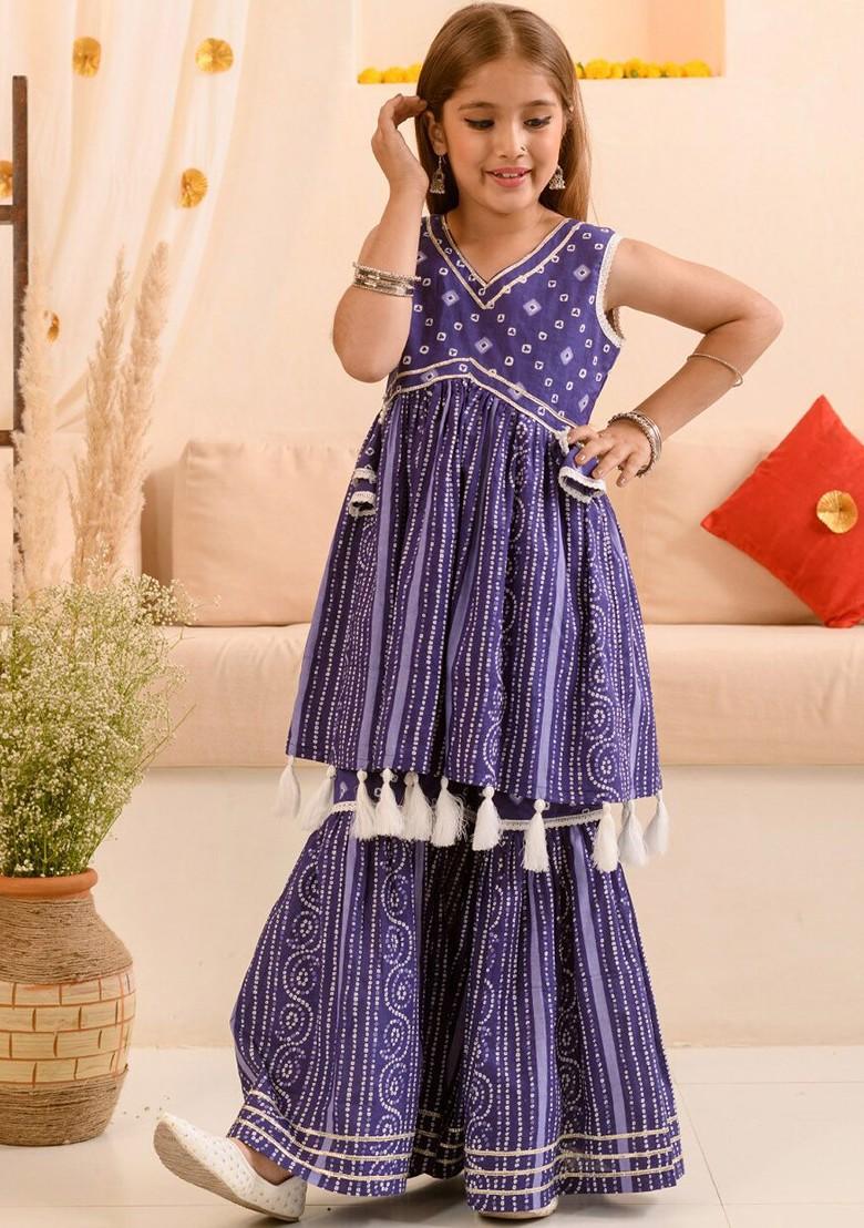 Blue Printed Poly Blend Sharara Set With Dupatta For Girls