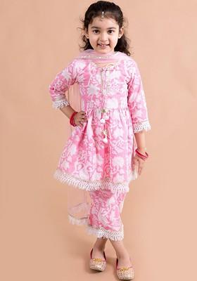 Pink Printed Poly Blend Palazzo Set With Dupatta For Girls