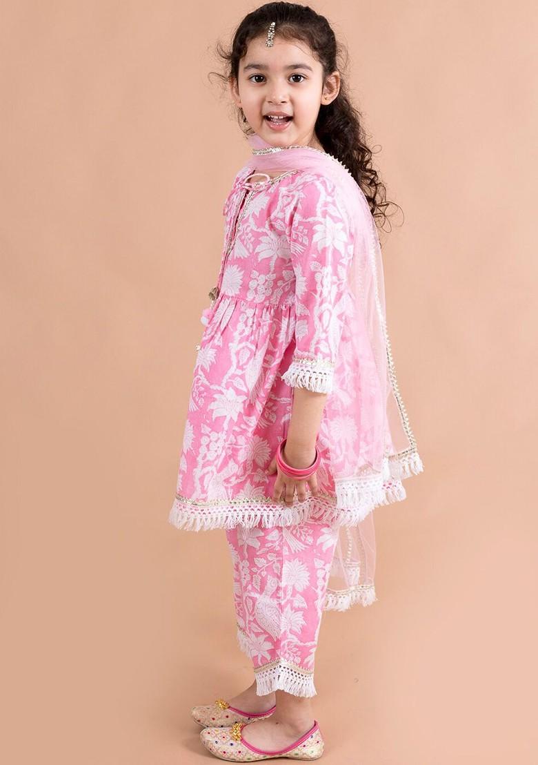 Pink Printed Poly Blend Palazzo Set With Dupatta For Girls